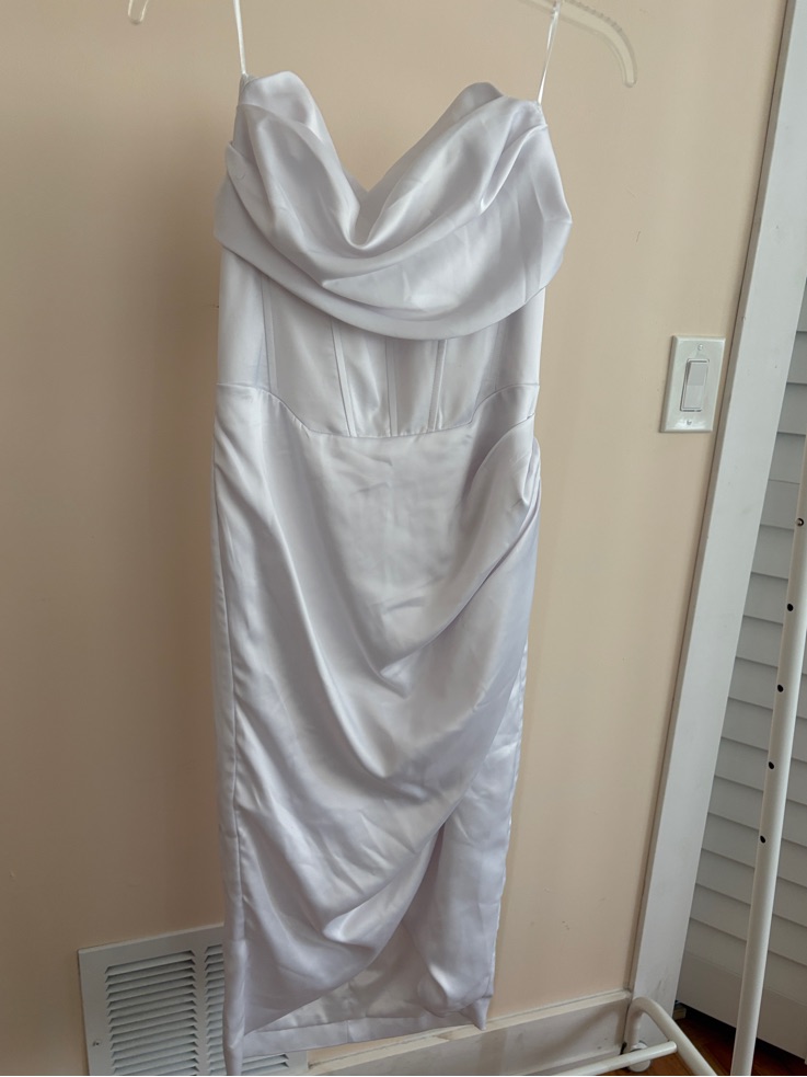 Bardot White Strapless Cowl Satin Midi Dress